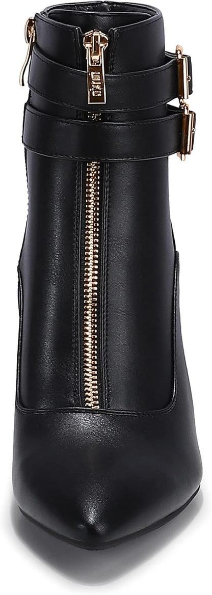Women's Classic Short Ankle Booties with Pointed Toe, Metal Buckle, Two Straps, and Side Zipper in Kitten Heel Design