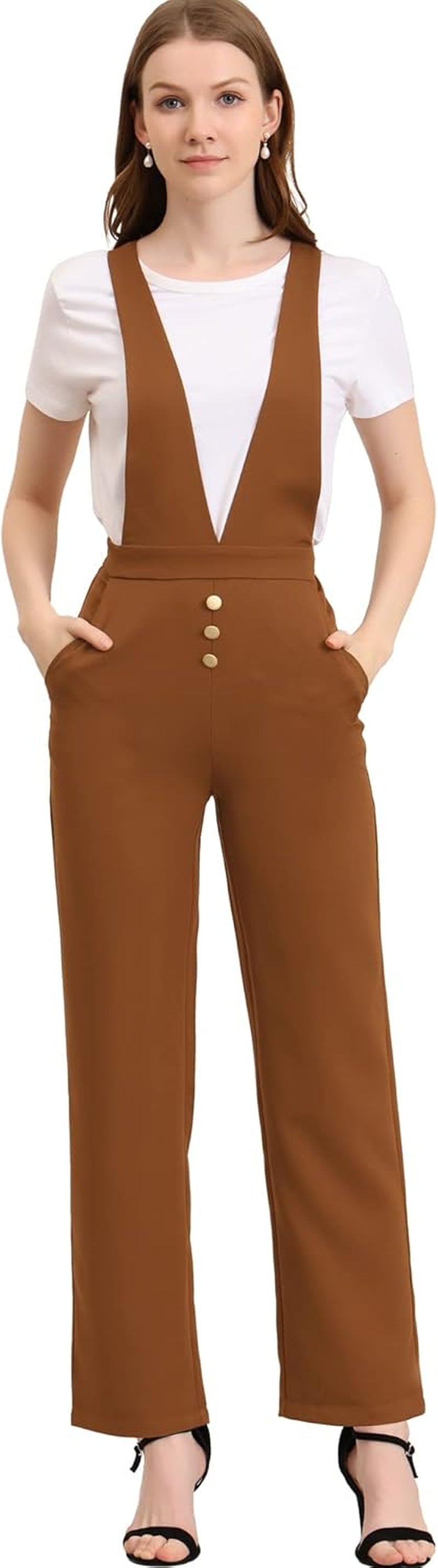 Women'S Overalls Wide Leg Pants Slant Pocket Long Suspenders Jumpsuit