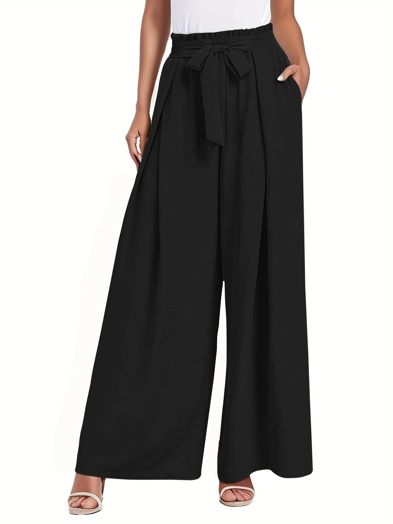 High-Waisted Wide Leg Lounge Pants with Pockets - Adjustable Tie Knot Casual Trousers for Work and Play