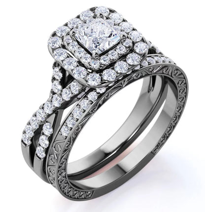Stunning  Vintage-Inspired Double Halo Square Diamond Wedding Ring Set in 10K Black Gold with Twisted Band and Pave Accents