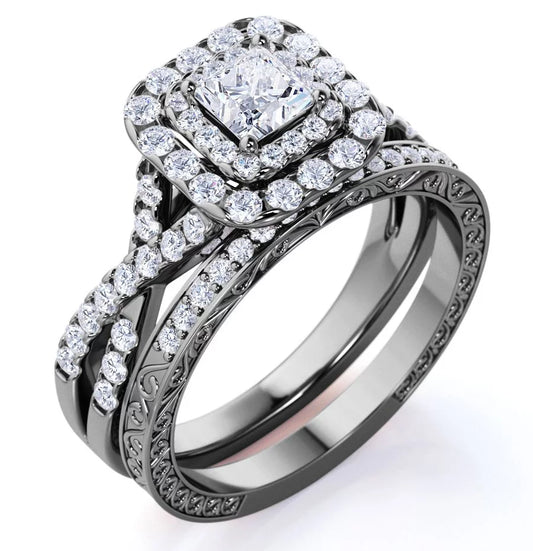 Stunning  Vintage-Inspired Double Halo Square Diamond Wedding Ring Set in 10K Black Gold with Twisted Band and Pave Accents