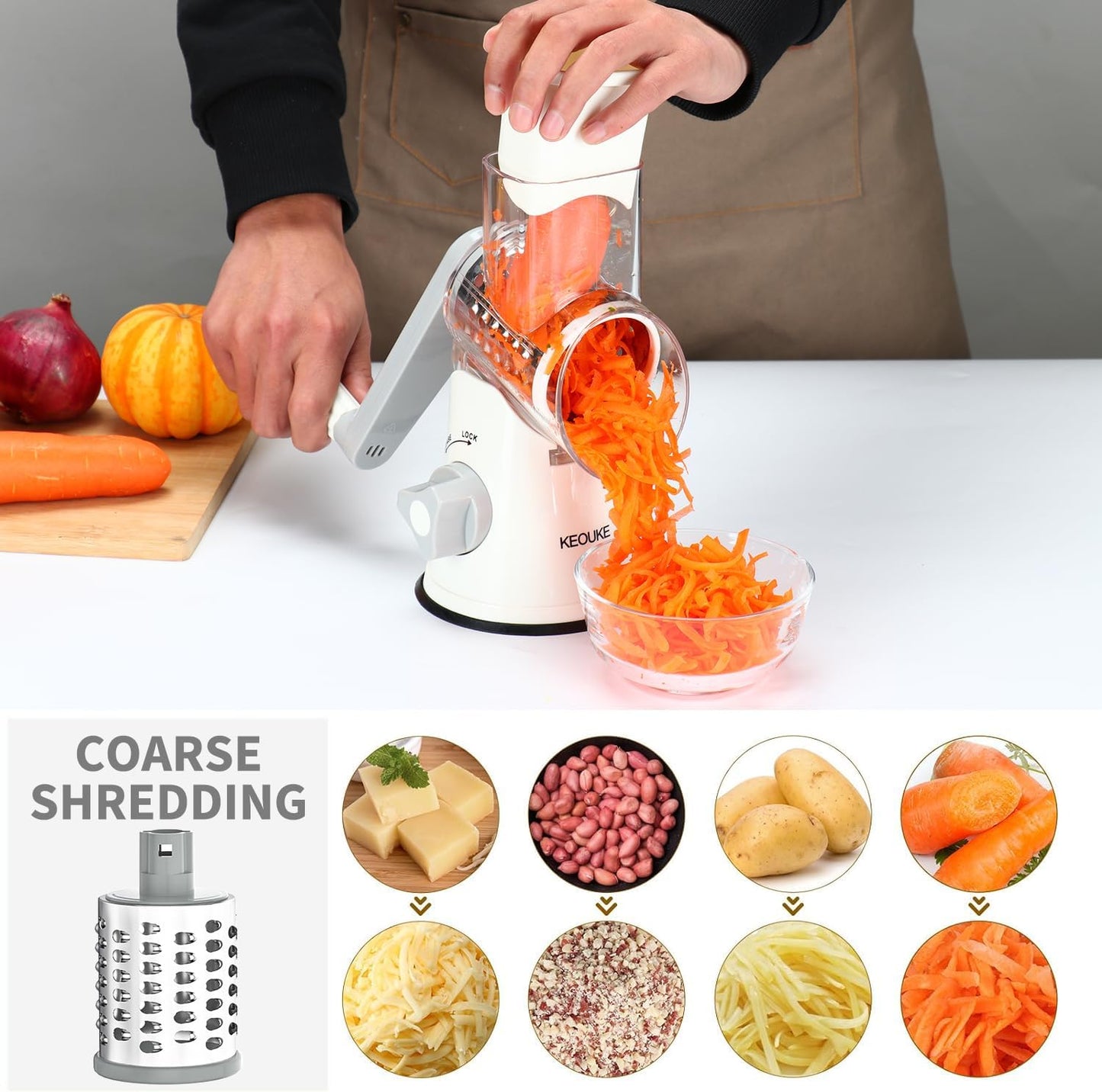 Manual Rotary Cheese Grater with Non-Slip Suction Base, Three Blades, and Cleaning Brush for Cheese, Vegetables, and Nuts - White