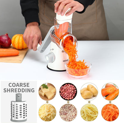 Manual Rotary Cheese Grater with Non-Slip Suction Base, Three Blades, and Cleaning Brush for Cheese, Vegetables, and Nuts - White