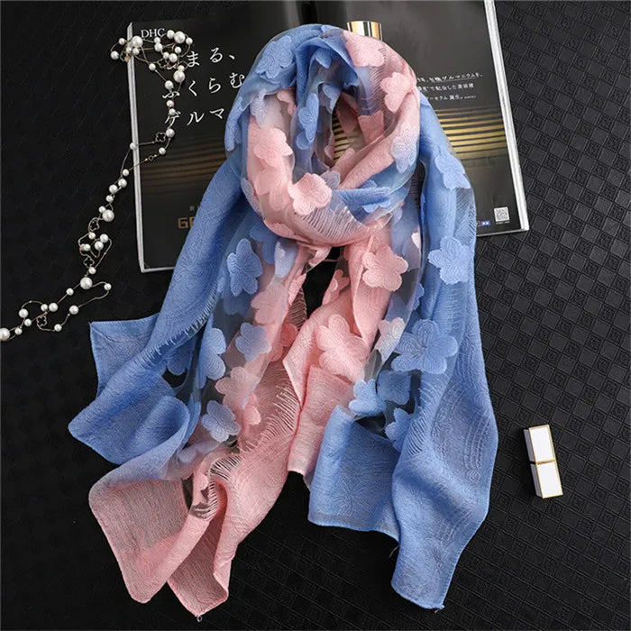 2024 NEW Fashion Women Cut Flowers Hollow Lace Gradient Flower Silk Scarf Spring Shawls and Wraps Towel Femme Beach Sjaals