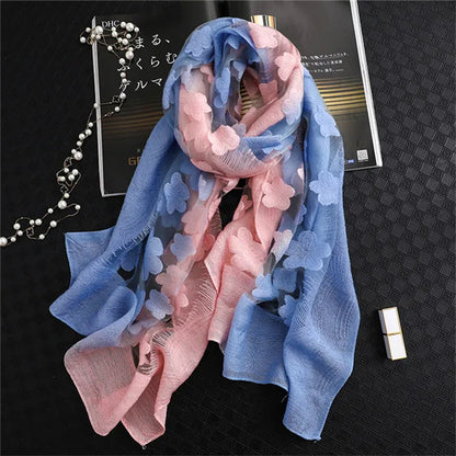 2024 NEW Fashion Women Cut Flowers Hollow Lace Gradient Flower Silk Scarf Spring Shawls and Wraps Towel Femme Beach Sjaals