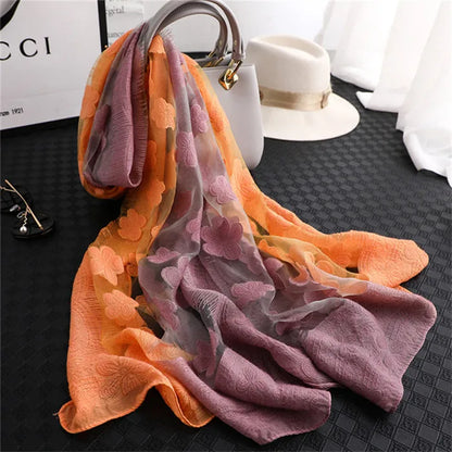 2024 NEW Fashion Women Cut Flowers Hollow Lace Gradient Flower Silk Scarf Spring Shawls and Wraps Towel Femme Beach Sjaals