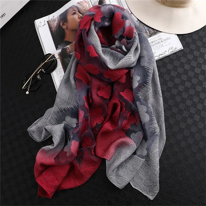 2024 NEW Fashion Women Cut Flowers Hollow Lace Gradient Flower Silk Scarf Spring Shawls and Wraps Towel Femme Beach Sjaals