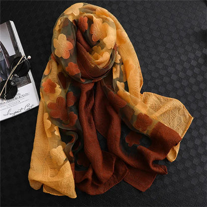 2024 NEW Fashion Women Cut Flowers Hollow Lace Gradient Flower Silk Scarf Spring Shawls and Wraps Towel Femme Beach Sjaals