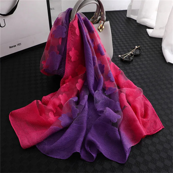 2024 NEW Fashion Women Cut Flowers Hollow Lace Gradient Flower Silk Scarf Spring Shawls and Wraps Towel Femme Beach Sjaals