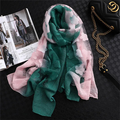 2024 NEW Fashion Women Cut Flowers Hollow Lace Gradient Flower Silk Scarf Spring Shawls and Wraps Towel Femme Beach Sjaals