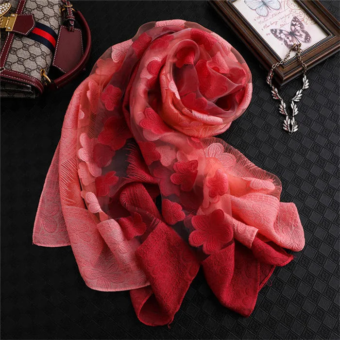 2024 NEW Fashion Women Cut Flowers Hollow Lace Gradient Flower Silk Scarf Spring Shawls and Wraps Towel Femme Beach Sjaals