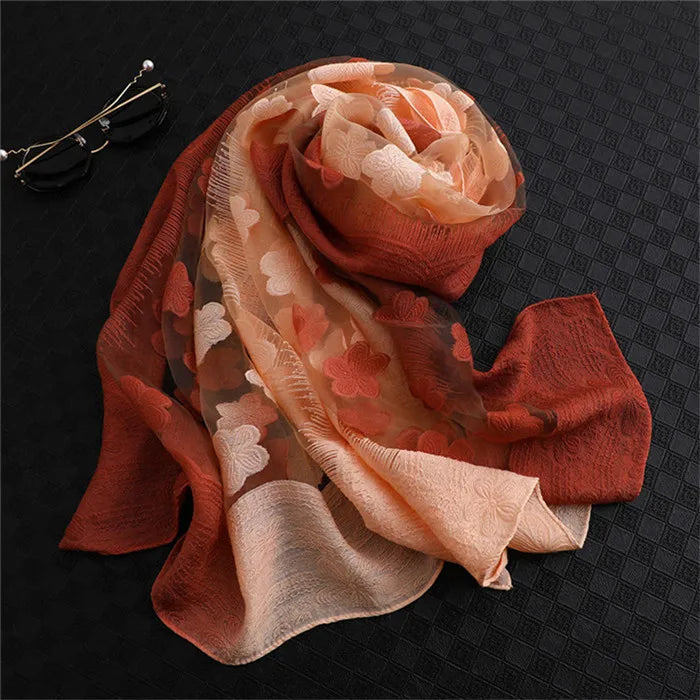 2024 NEW Fashion Women Cut Flowers Hollow Lace Gradient Flower Silk Scarf Spring Shawls and Wraps Towel Femme Beach Sjaals