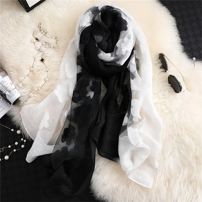 2024 NEW Fashion Women Cut Flowers Hollow Lace Gradient Flower Silk Scarf Spring Shawls and Wraps Towel Femme Beach Sjaals