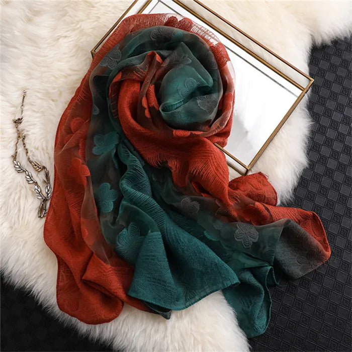 2024 NEW Fashion Women Cut Flowers Hollow Lace Gradient Flower Silk Scarf Spring Shawls and Wraps Towel Femme Beach Sjaals