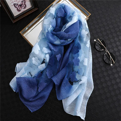 2024 NEW Fashion Women Cut Flowers Hollow Lace Gradient Flower Silk Scarf Spring Shawls and Wraps Towel Femme Beach Sjaals