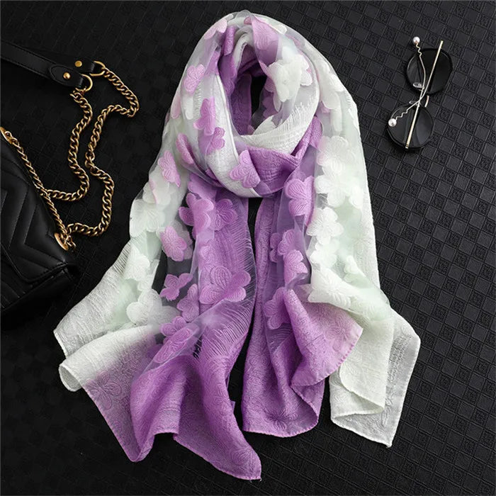 2024 NEW Fashion Women Cut Flowers Hollow Lace Gradient Flower Silk Scarf Spring Shawls and Wraps Towel Femme Beach Sjaals
