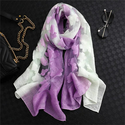 2024 NEW Fashion Women Cut Flowers Hollow Lace Gradient Flower Silk Scarf Spring Shawls and Wraps Towel Femme Beach Sjaals