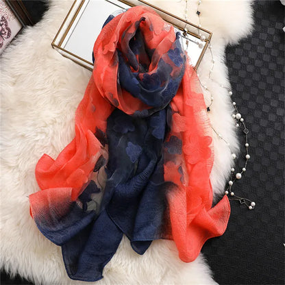 2024 NEW Fashion Women Cut Flowers Hollow Lace Gradient Flower Silk Scarf Spring Shawls and Wraps Towel Femme Beach Sjaals