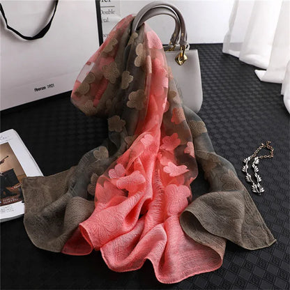 2024 NEW Fashion Women Cut Flowers Hollow Lace Gradient Flower Silk Scarf Spring Shawls and Wraps Towel Femme Beach Sjaals