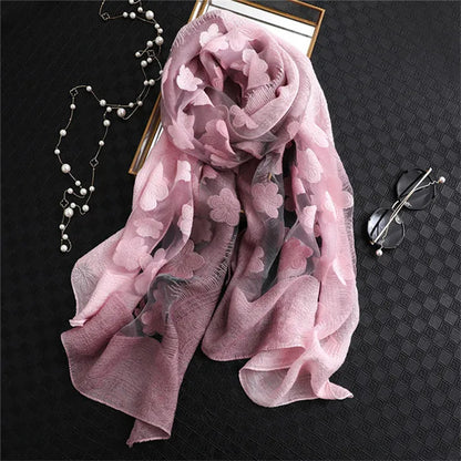 2024 NEW Fashion Women Cut Flowers Hollow Lace Gradient Flower Silk Scarf Spring Shawls and Wraps Towel Femme Beach Sjaals