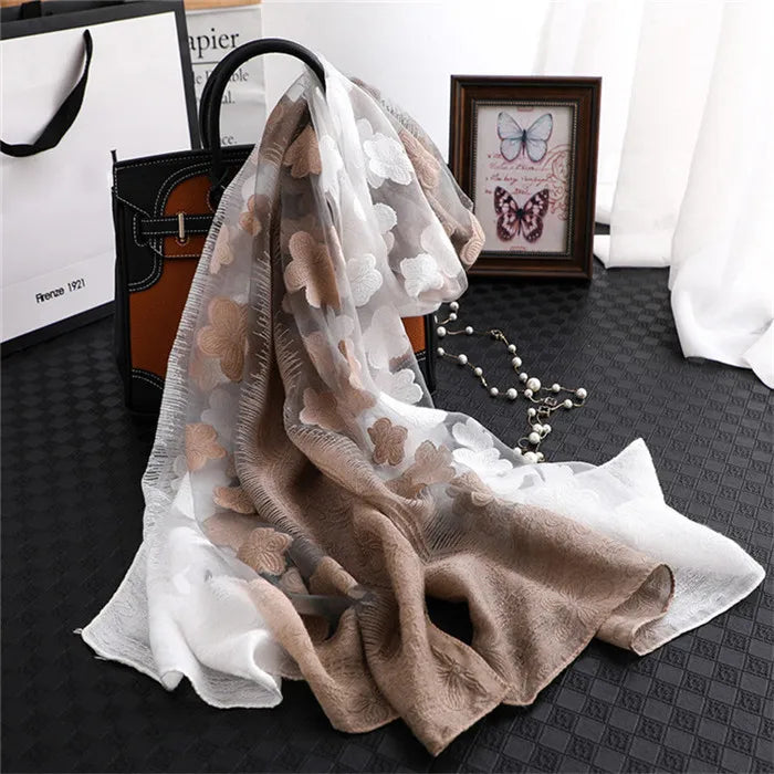 2024 NEW Fashion Women Cut Flowers Hollow Lace Gradient Flower Silk Scarf Spring Shawls and Wraps Towel Femme Beach Sjaals