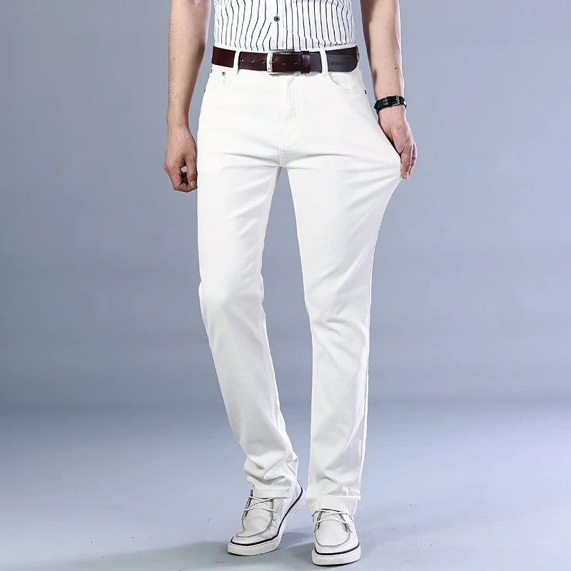 White Jeans Men's Fashion Straight Elastic Cotton Denim Pants Spring Autumn All-match Business Casual Trousers Male Clothes