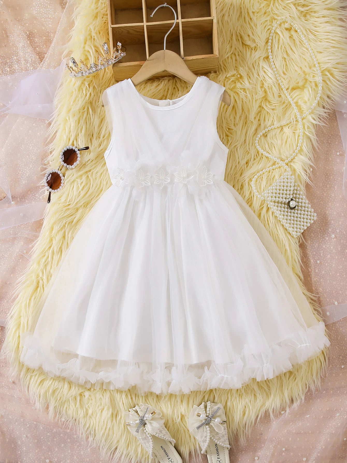 Girls summer simple generous gauze skirt fashion three-dimensional flowers round neck vest with zipper fit dress