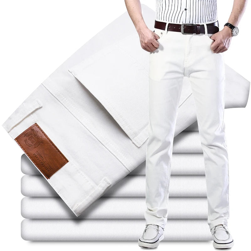 White Jeans Men's Fashion Straight Elastic Cotton Denim Pants Spring Autumn All-match Business Casual Trousers Male Clothes