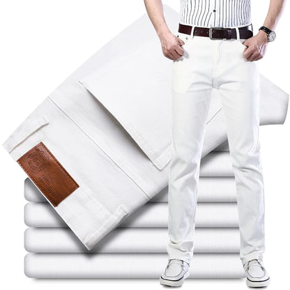 White Jeans Men's Fashion Straight Elastic Cotton Denim Pants Spring Autumn All-match Business Casual Trousers Male Clothes