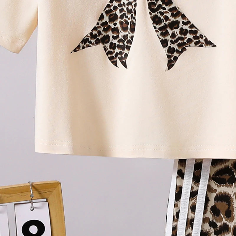 Kids  Clothing Sets Beige Bow Printed T-shirt & Striped Leopard Pants Trendy Girls Outfit Summer Clothing Sets 8-12 Kids Suit