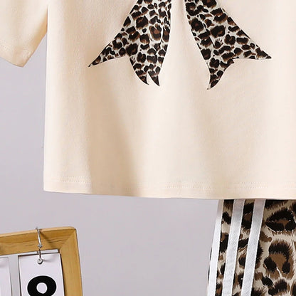 Kids  Clothing Sets Beige Bow Printed T-shirt & Striped Leopard Pants Trendy Girls Outfit Summer Clothing Sets 8-12 Kids Suit