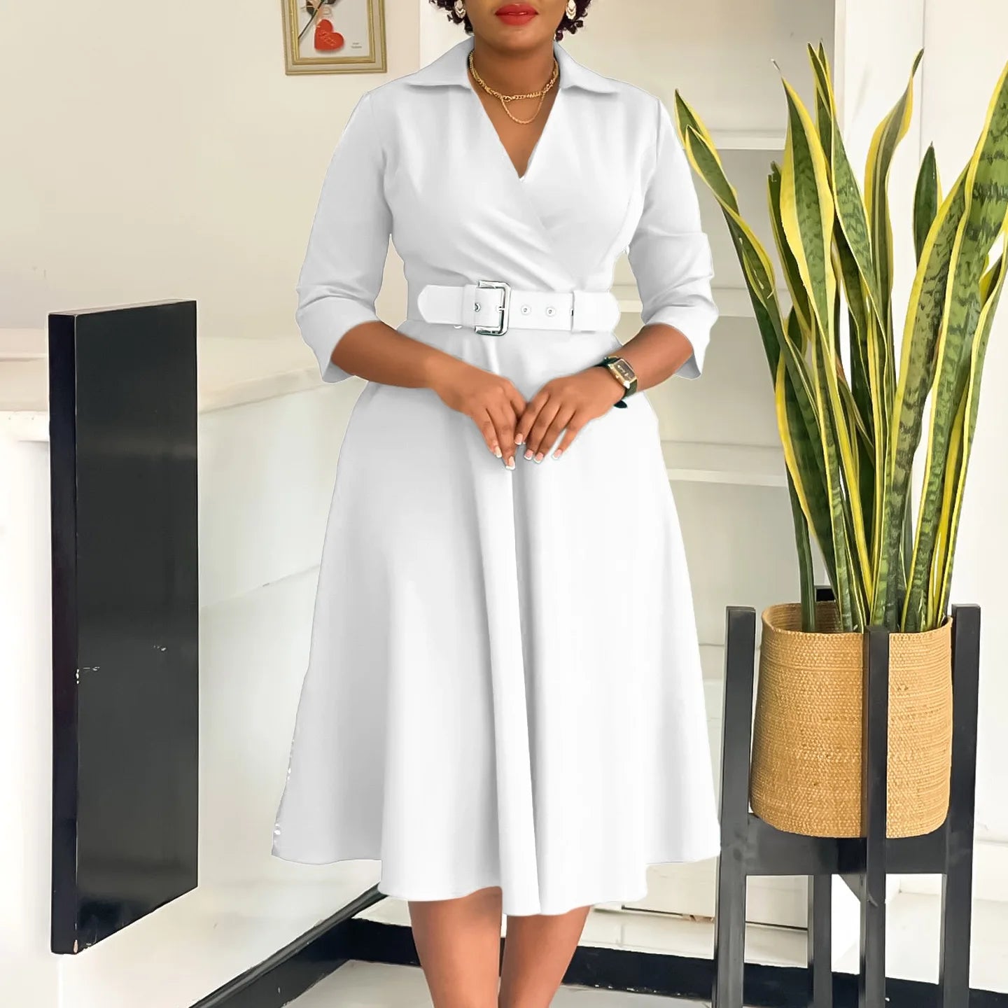 Fashion Office Dresses for Women Turn Down Collar V Neck Belt Waisted Pleated Mid Calf Elegant African Business Work Dress Cloth