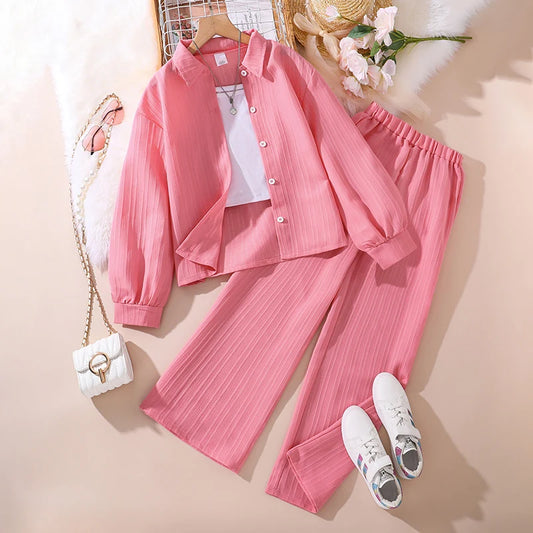 Girls Sets 4-16 Years Shirt Long-Sleeved Coat + Loose Casual Long Pants For Girls Korean Style Suits Summer Fashion Clothes Sets