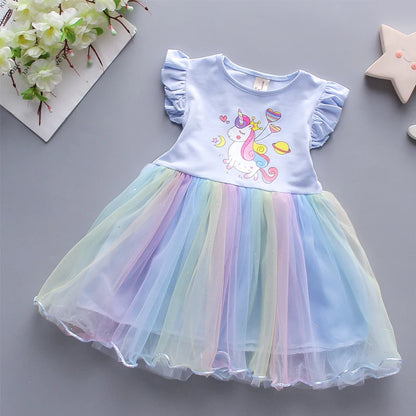 Girls Dress 2025 New Summer Princess Dresses Flying Sleeve Kids Clothes Unicorn Party Baby Dresses For Children Clothing 3-8Y