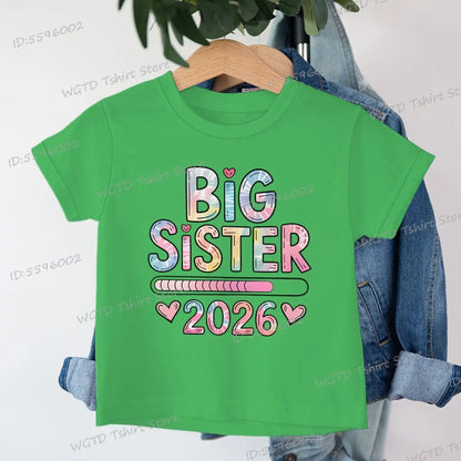 Girls Big Sister 2026 T-Shirt Cute Kawaii Graphic Toddler Tee Funny Birthday Gift for Girls Sibling Matching Outfit Kids Clothes