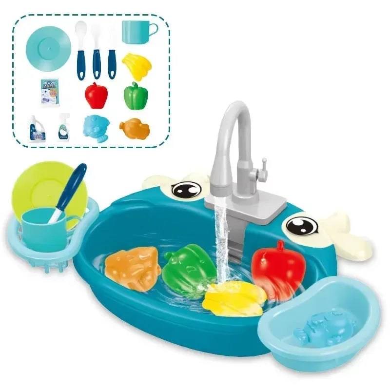 Kids Play Kitchen Set Simulated Dishwasher Sink Hand Basin with Electric Circulating Water Toys for Boys Girls Pretend Role Play