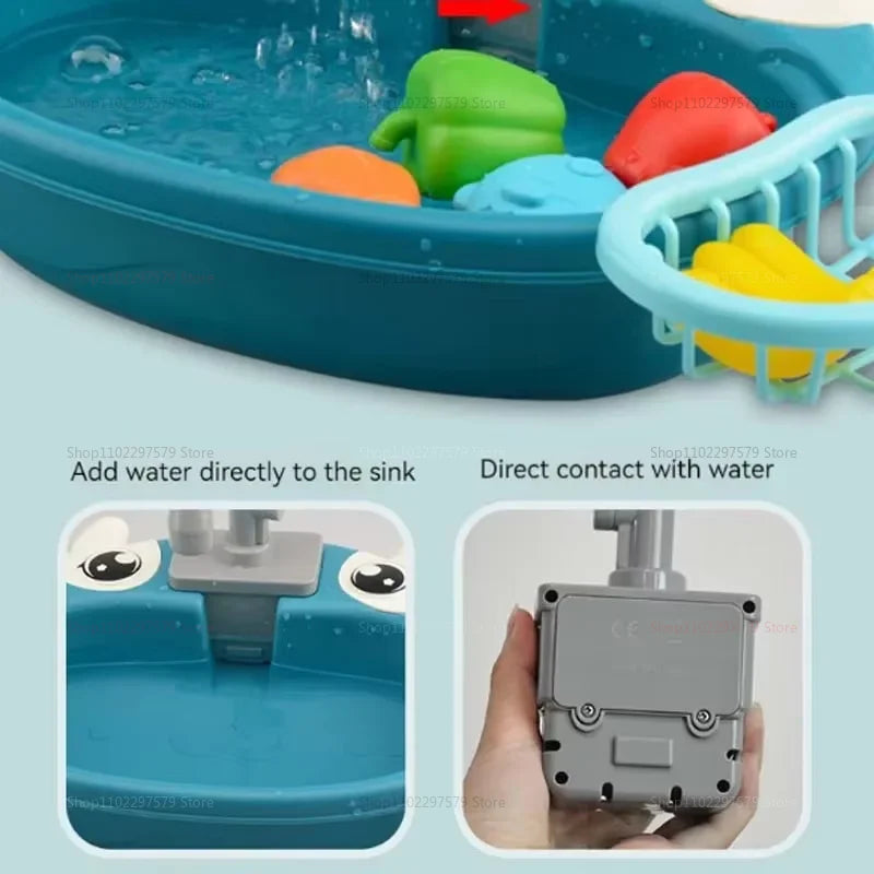 Kids Play Kitchen Set Simulated Dishwasher Sink Hand Basin with Electric Circulating Water Toys for Boys Girls Pretend Role Play