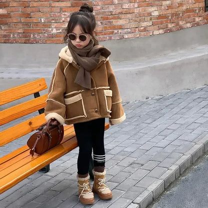 Girl Coat Children Suede Coat Autumn and Winter Girl Korean Style Thick Fur Integrated Biker Coat with Fleece on Both Sides