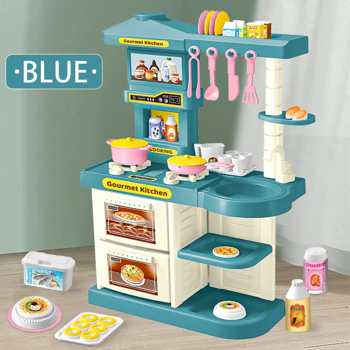 Kids Play Kitchen Accessories, Playset Toys Kitchen Foods Pans Milk Pots Breads Fork for Kid 3+ Boys and Girls