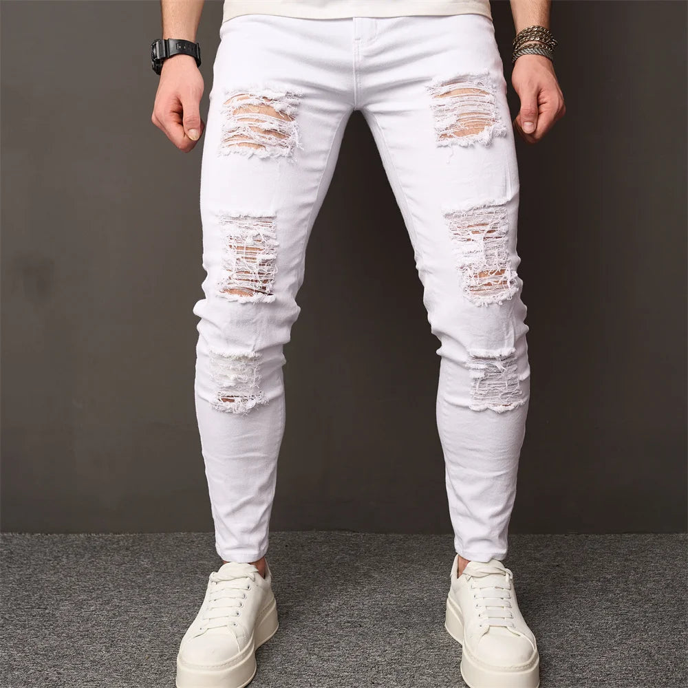 Men Street style Holes Skinny Beggar Jeans Good Quality Distressed Men's Slim Pencil Denim Pants Male Clothing