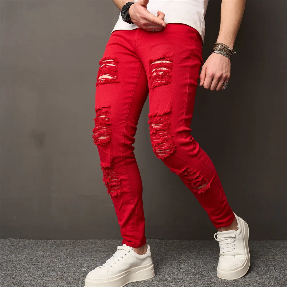 Men Street style Holes Skinny Beggar Jeans Good Quality Distressed Men's Slim Pencil Denim Pants Male Clothing