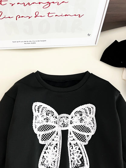 children's clothing for 3-7 years  white bow printed long-sleeved top + pants autumn girls set