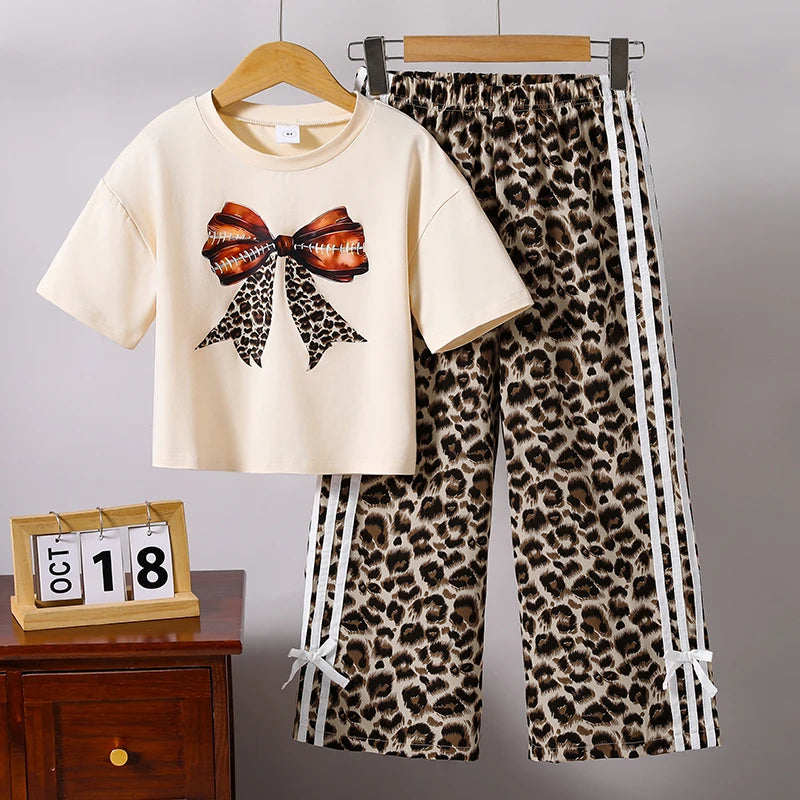 Kids  Clothing Sets Beige Bow Printed T-shirt & Striped Leopard Pants Trendy Girls Outfit Summer Clothing Sets 8-12 Kids Suit