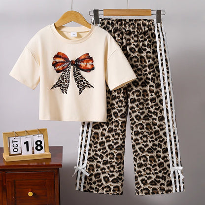 Kids  Clothing Sets Beige Bow Printed T-shirt & Striped Leopard Pants Trendy Girls Outfit Summer Clothing Sets 8-12 Kids Suit