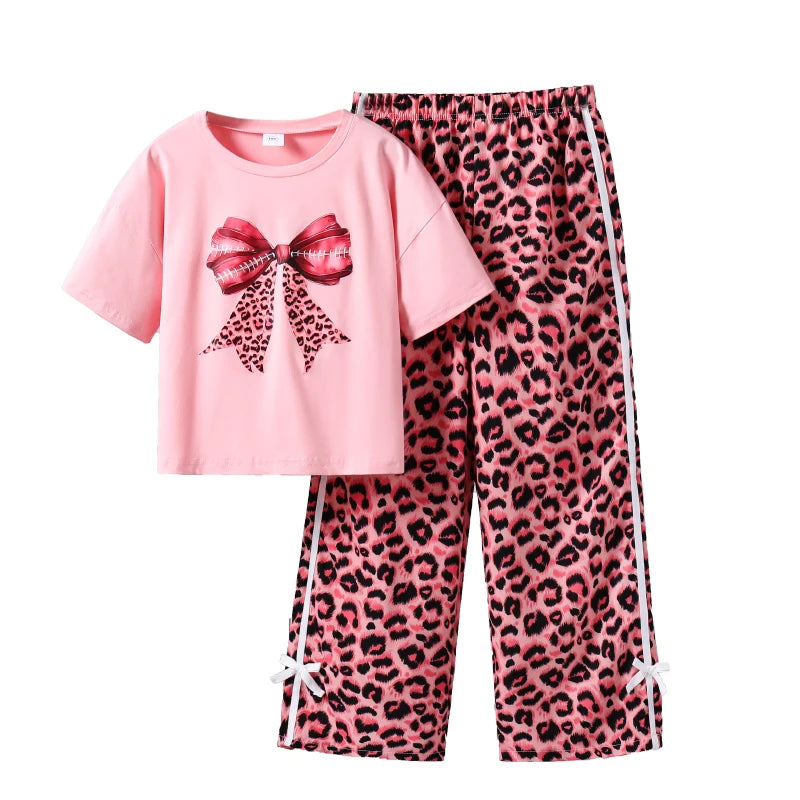 Kids  Clothing Sets Beige Bow Printed T-shirt & Striped Leopard Pants Trendy Girls Outfit Summer Clothing Sets 8-12 Kids Suit