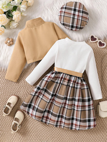 Kids Girls Clothes 3 Pcs Sets 1-6 Years Autumn Winter Long Sleeve Plaid Dress With Jacket+Beret Child Girl Fashion Clothing Set