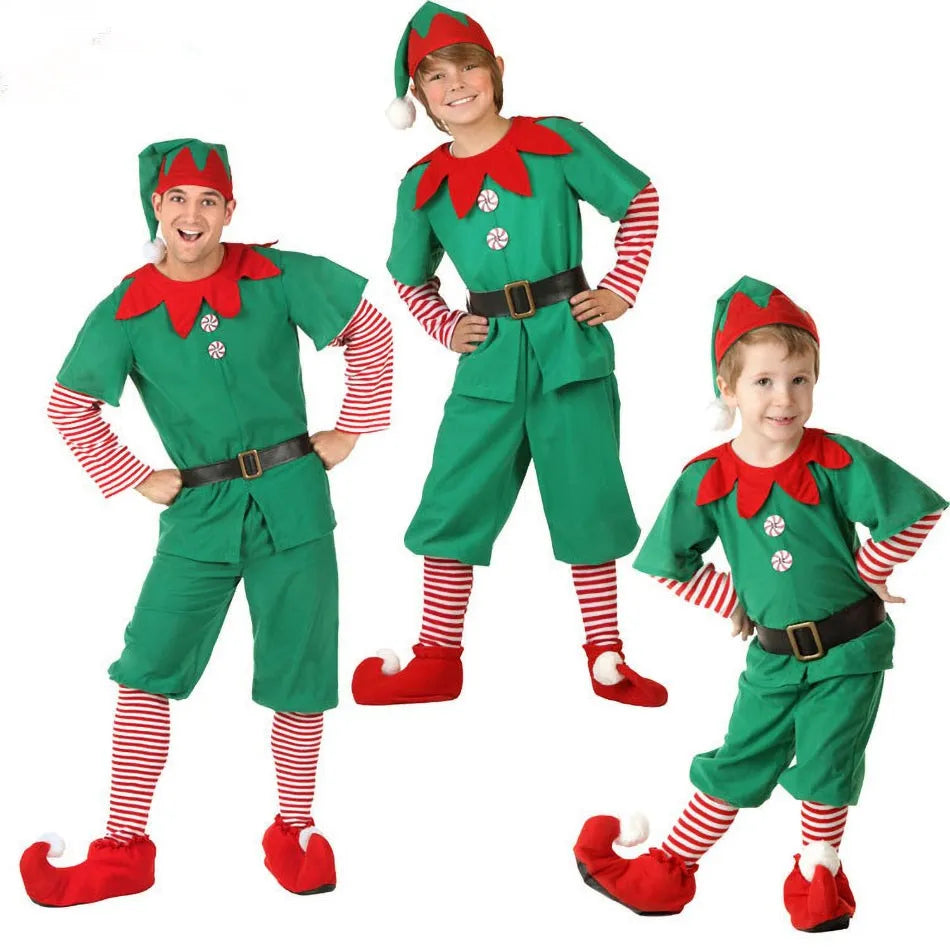 Kids Adult Christmas Clothing Set Kids Tops Pants Hat Belt Children Xmas Clothes Baby Boy Girl Birthday Outfit Elves Costume