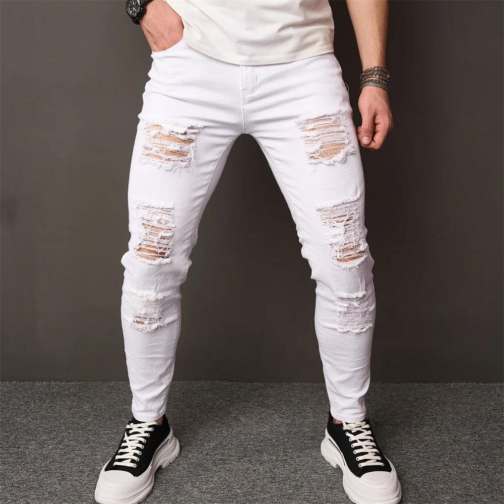 Men Street style Holes Skinny Beggar Jeans Good Quality Distressed Men's Slim Pencil Denim Pants Male Clothing