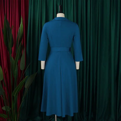 Fashion Office Dresses for Women Turn Down Collar V Neck Belt Waisted Pleated Mid Calf Elegant African Business Work Dress Cloth