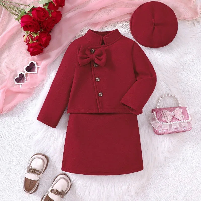 Children's Clothing sets For Kids Girls Red Bow Top & Skirt Autumn & Winter Outfit Daily Casual Girl's Suit 2-7 years old